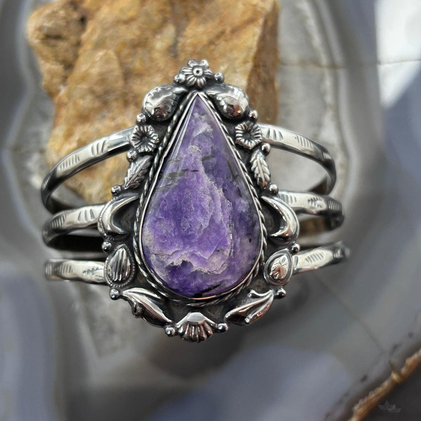 Sterling Silver Southwestern Style Large Teardrop Charoite Decorated Bracelet For Women
