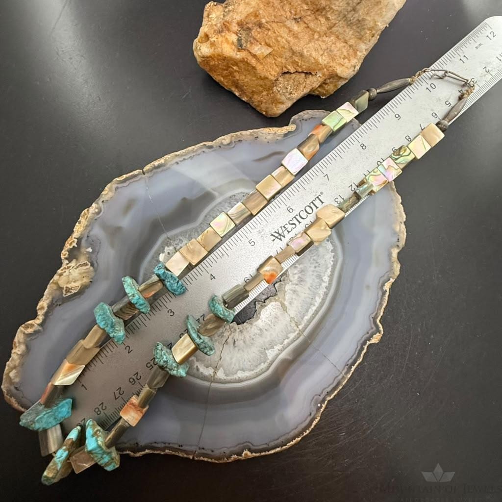 Vintage Silver Native American Chunky Turquoise w/Abalone 21" Necklace For Women