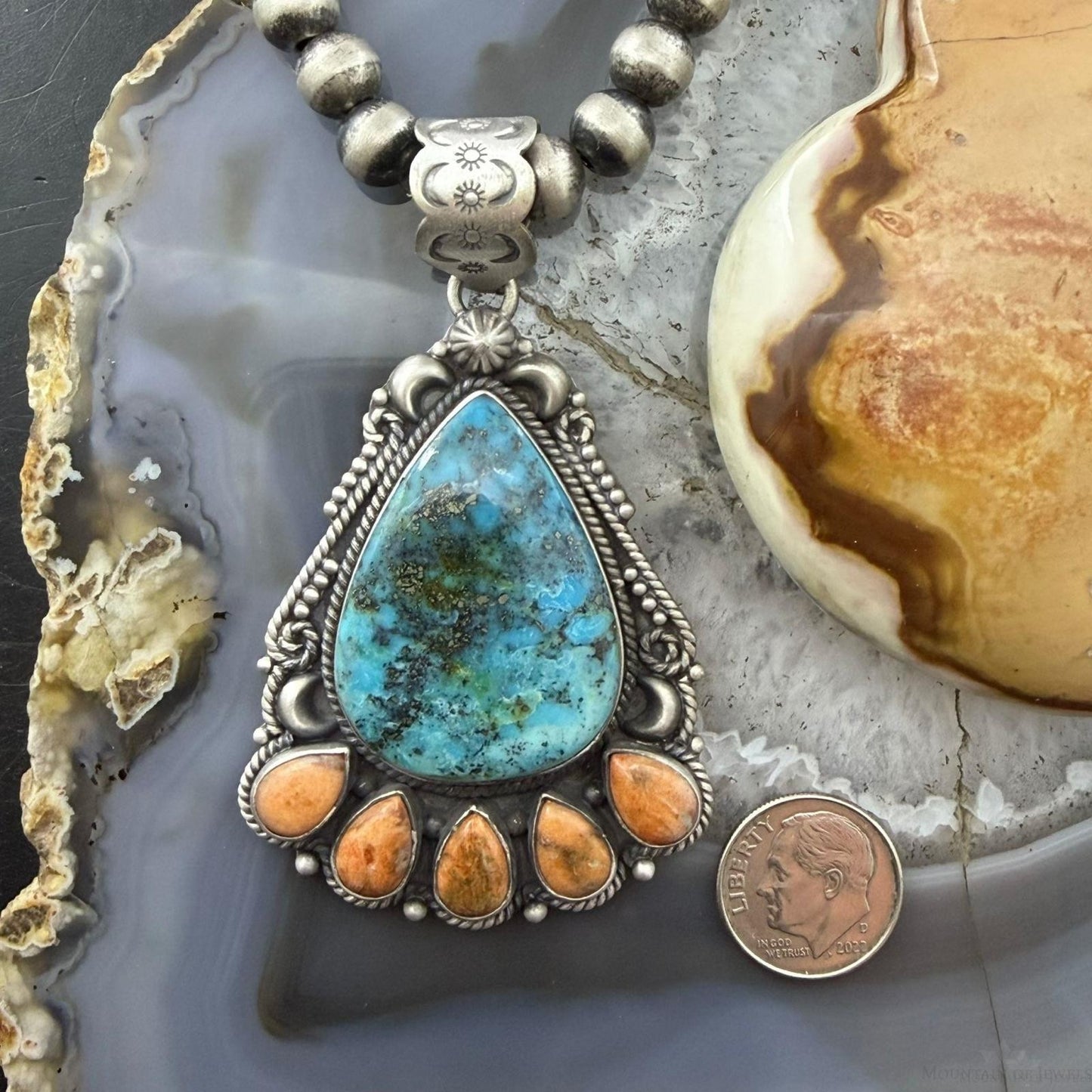 Sterling Silver Southwestern Style Teardrop Turquoise & Spiny Oyster Pendant For Women