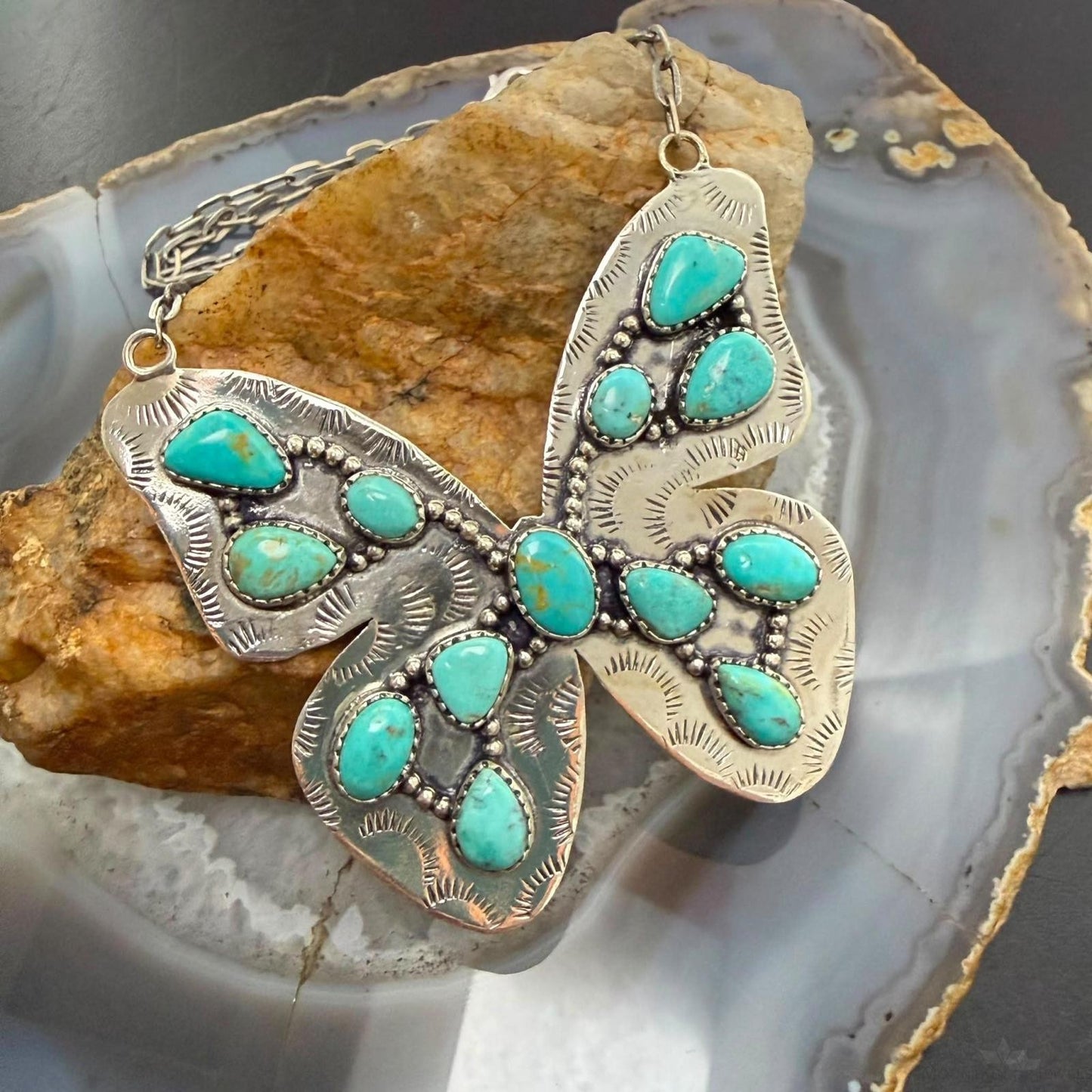 Sterling  Silver Southwestern Style Kingman Turquoise Butterfly Pendant 20.5" Necklace For Women