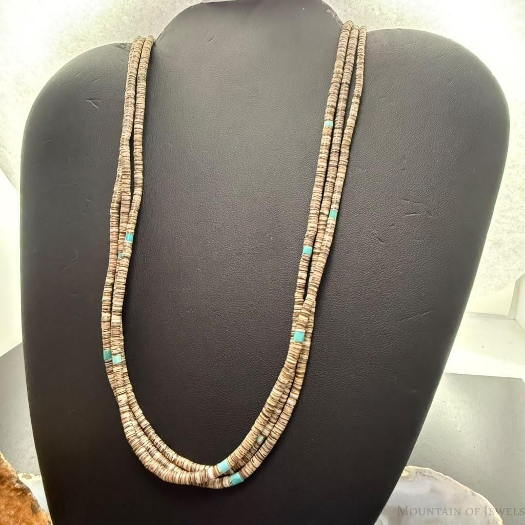Vintage Native American 3 Strands Heishi Beads &Turquoise 30" Necklace For Women