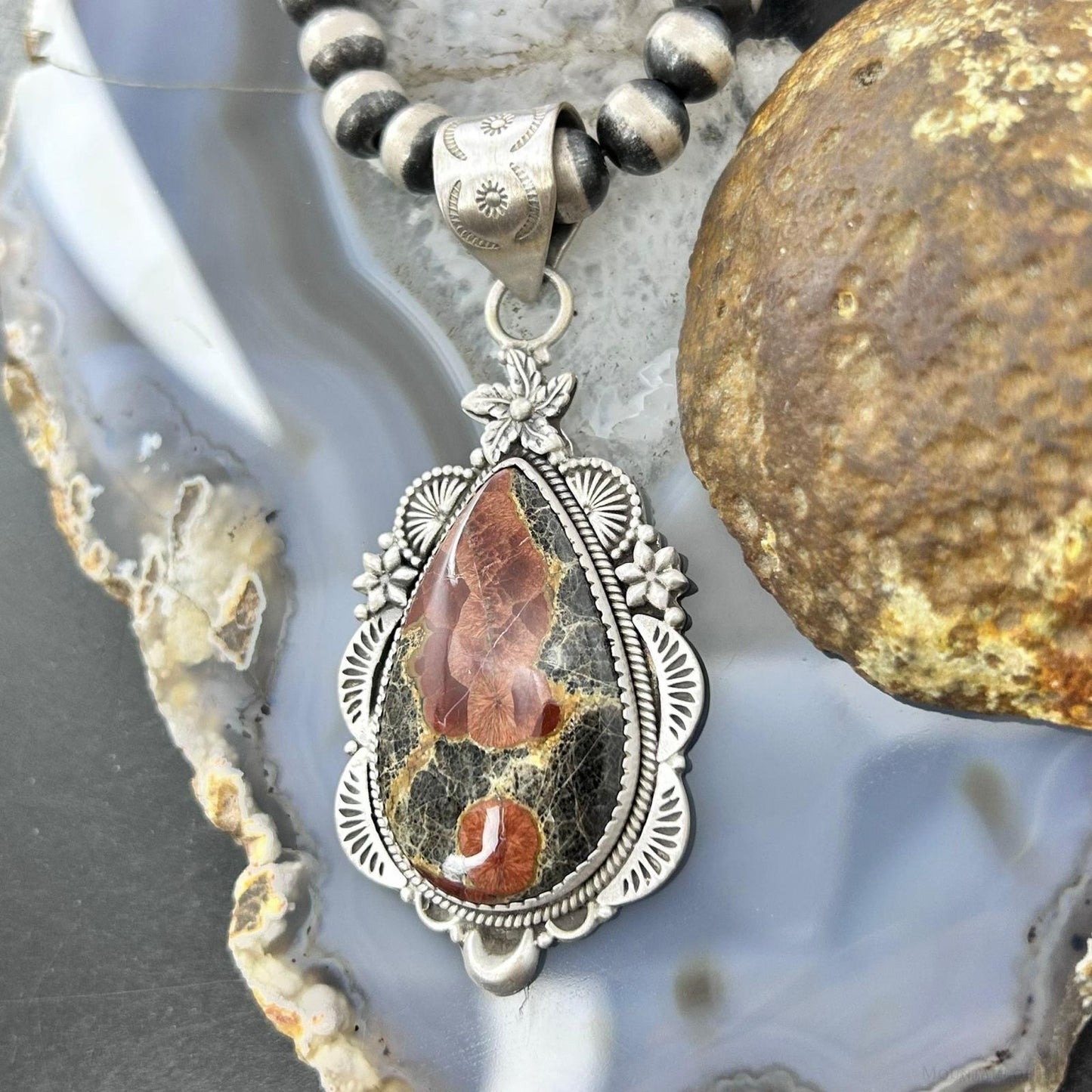 Sterling Silver Southwestern Style Peanut Obsidian Decorated Pendant For Women