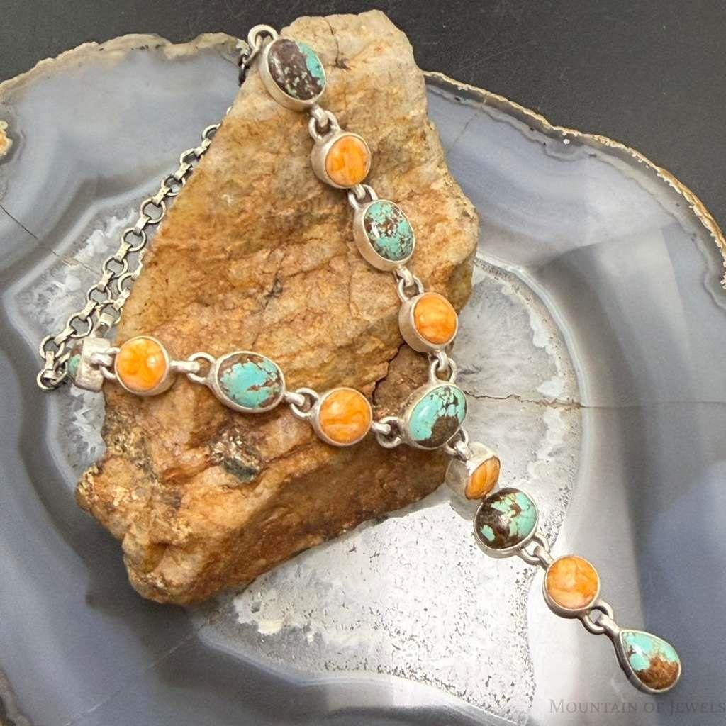 Sterling Silver Southwestern Style Turquoise & Spiny Oyster Lariat 24" Necklace For Women