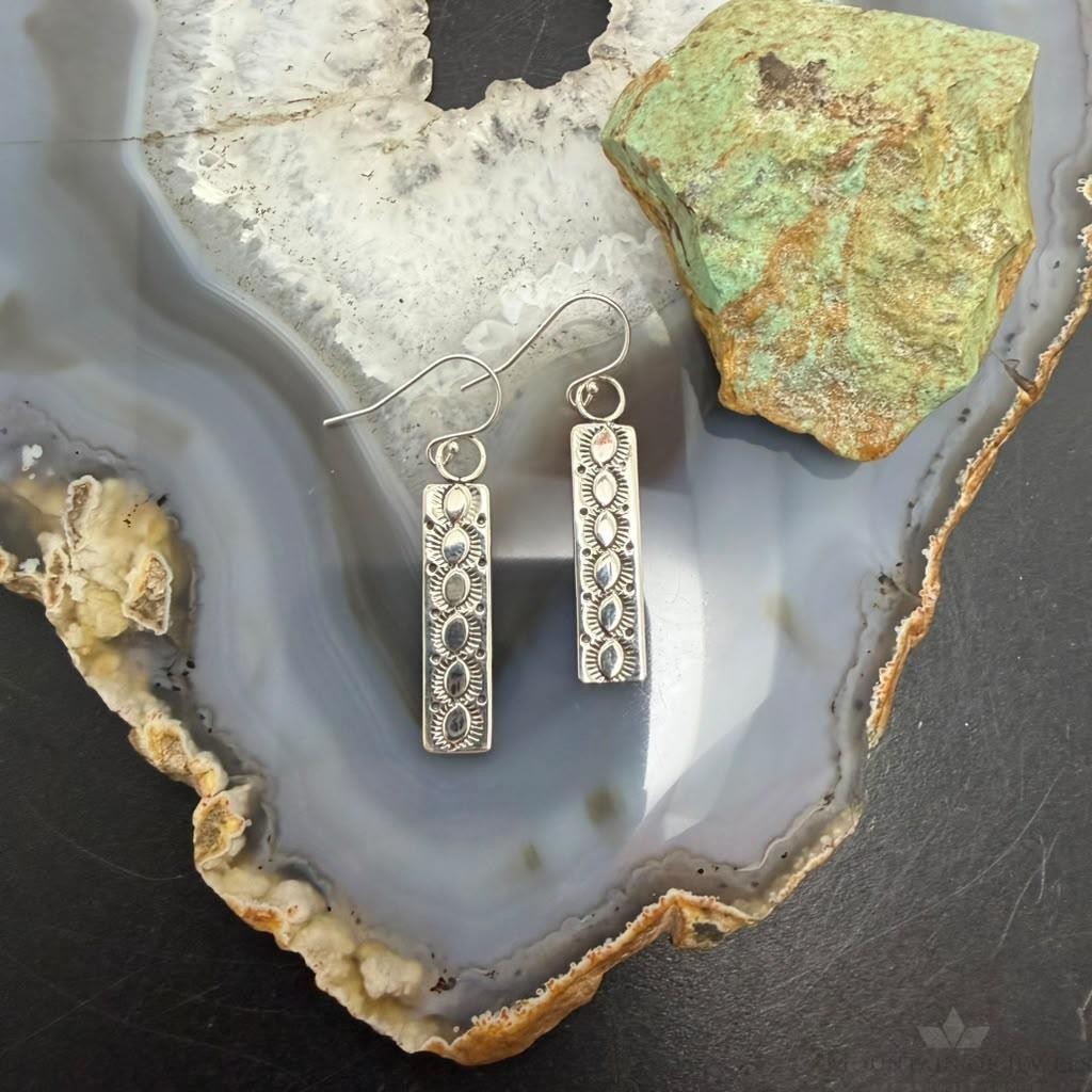 Michael Nez Native American Sterling Silver Rectangle Dangle Earrings For Women