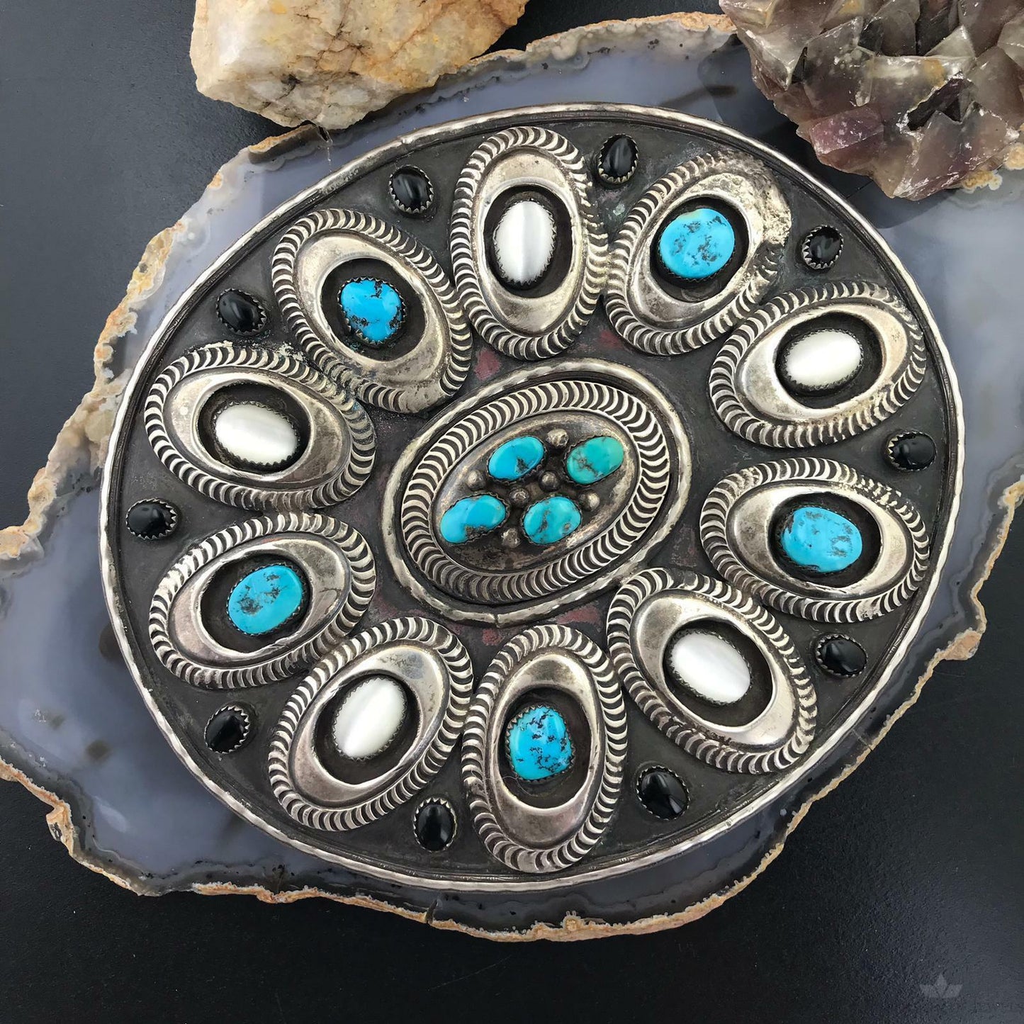 Heavy Silver Belt Buckle Turquoise Mother of Pearl and Onyx Oval Belt Buckle