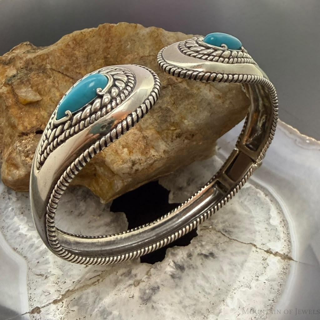 Carolyn Pollack Sterling Silver 2 Sleeping Beauty Turquoise Decorated Hinged Bracelet For Women