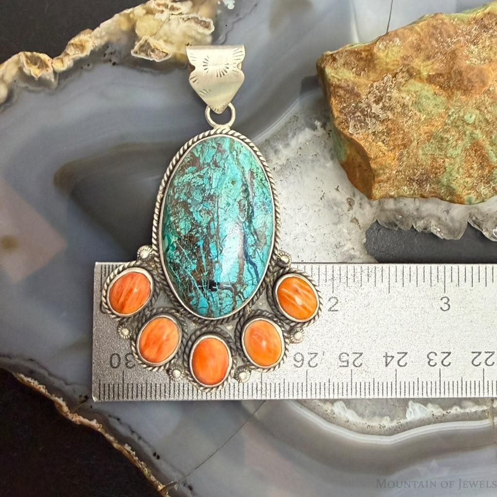 Sterling Silver Southwestern Style Azurite Malachite & Spiny Oyster Decorated Pendant