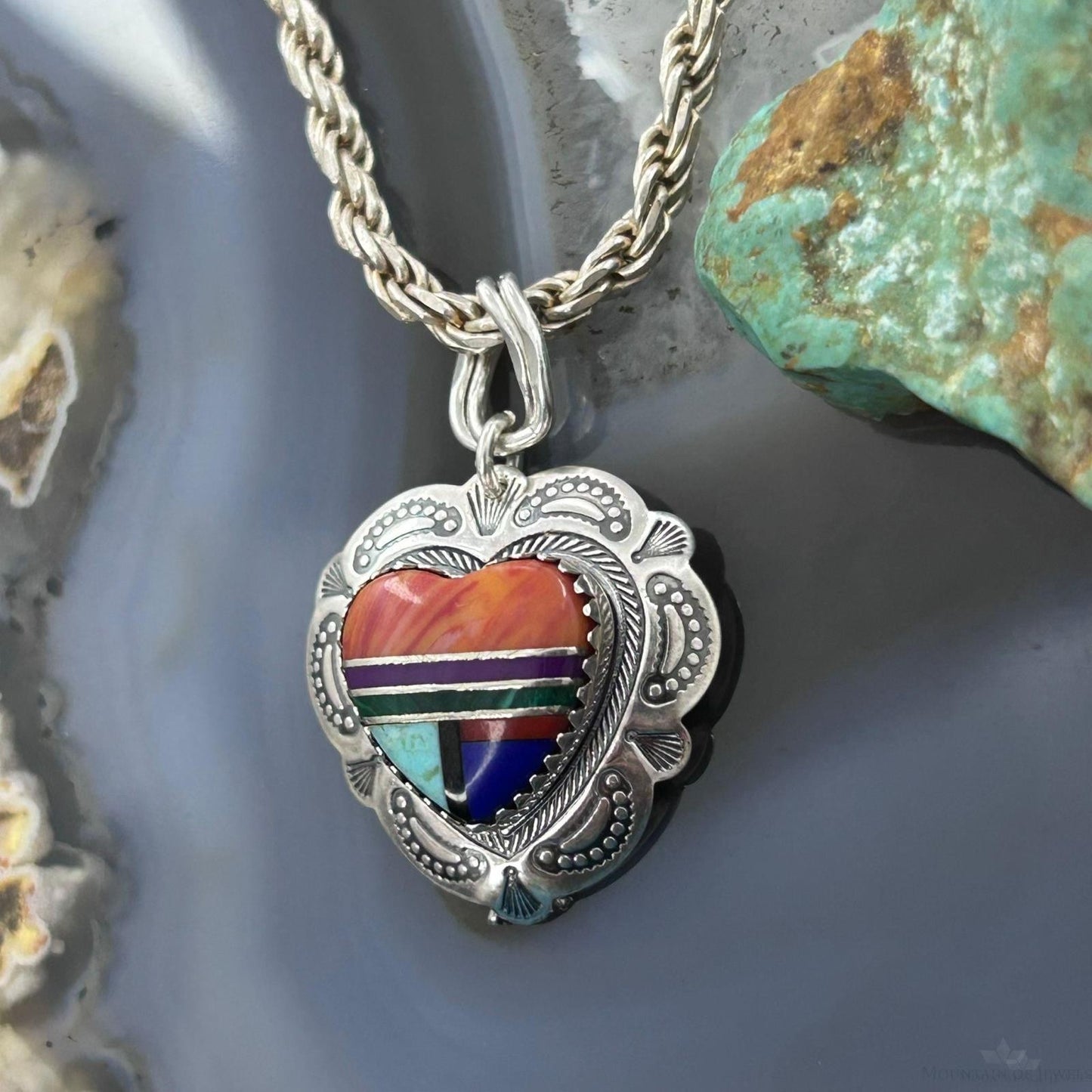 QT Quoc Sterling Silver Southwestern Style Multistone Inlay Heart Pendant For Women