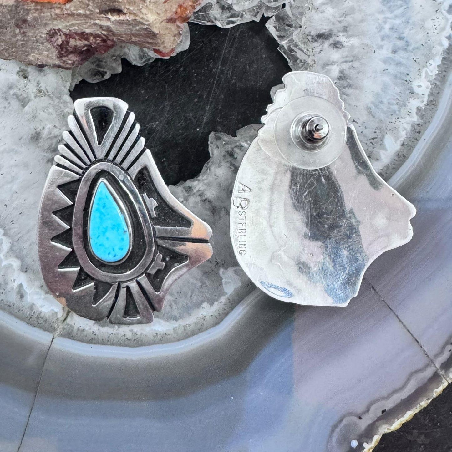 Abraham Begay Native American Sterling Silver Teardrop Turquoise Overlay Post Earrings For Women