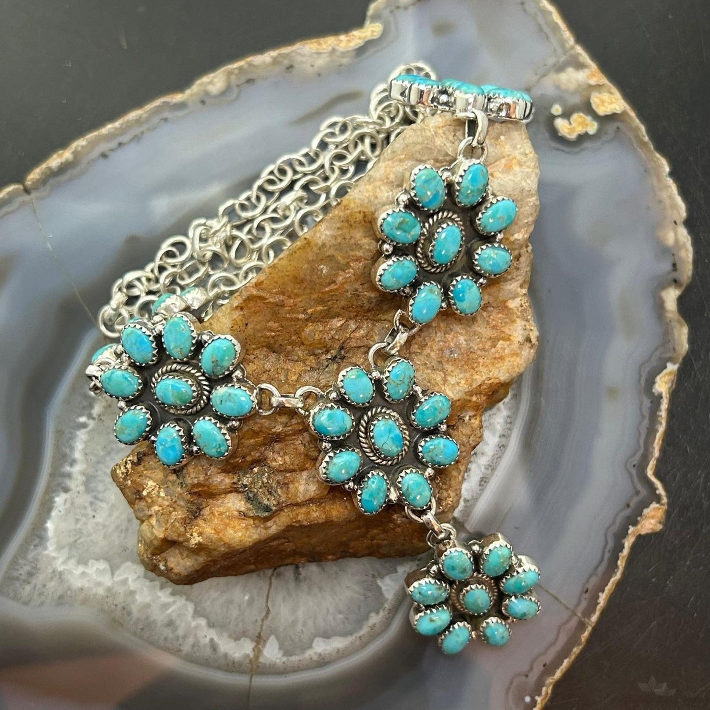 Sterling Silver Southwestern Style Turquoise 6 Cluster 19" Necklace For Women