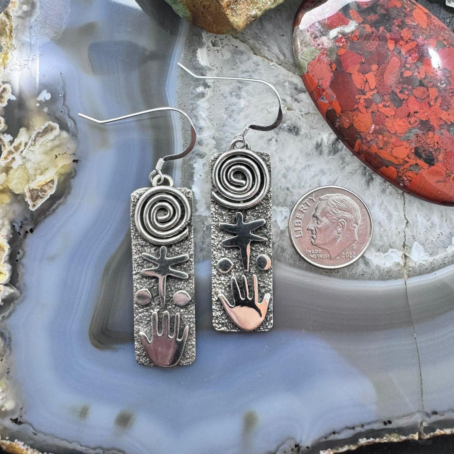 Alex Sanchez Sterling Silver Rectangle Petroglyph Dangle Earrings For Women #1