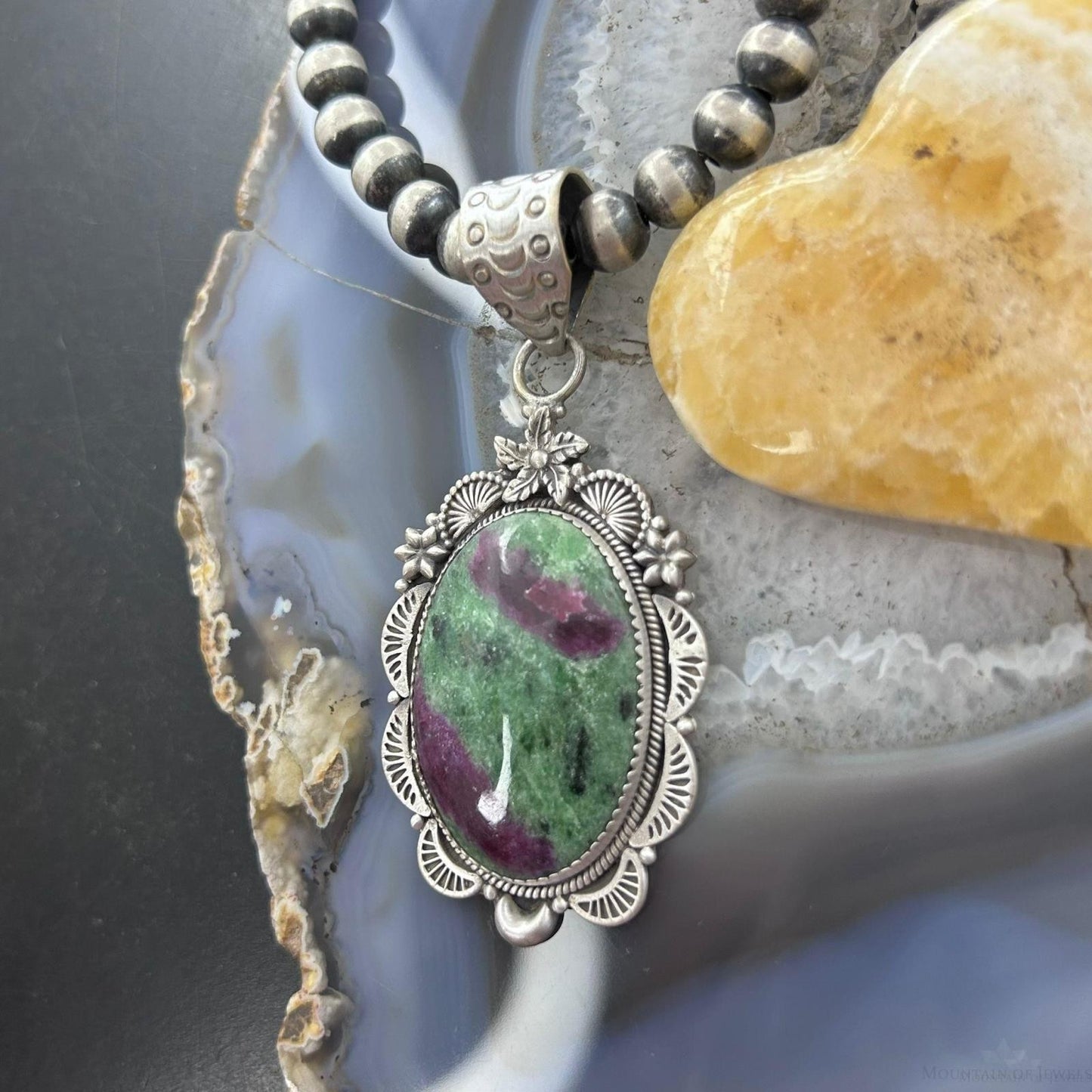 Sterling Silver Southwestern Style Oval Ruby Zoisite Decorated Pendant For Women