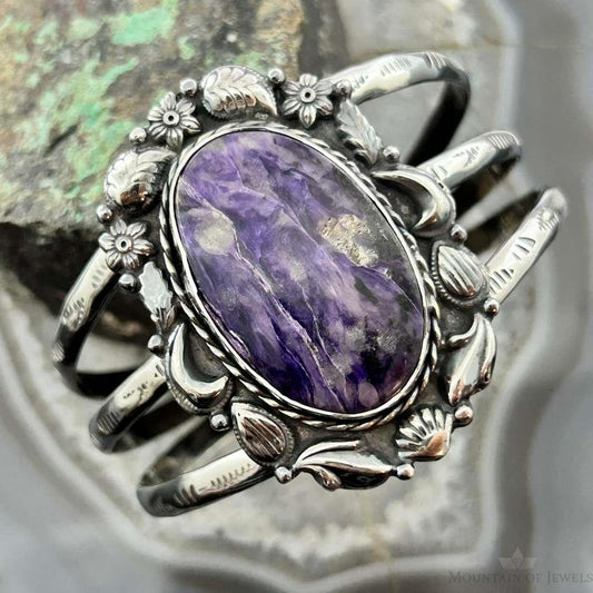 Sterling Silver Southwestern Style Large Oval Charoite Decorated Bracelet For Women