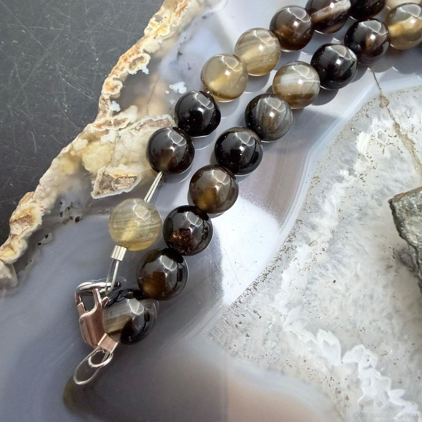 Sterling Silver Southwestern Style Smoky Onyx 8mm Beads 22" Necklace For Women
