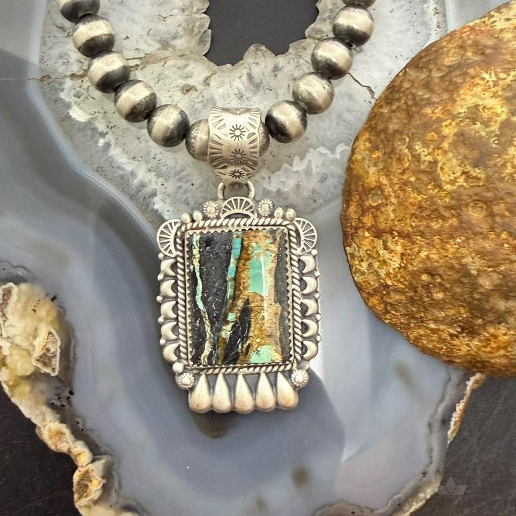 Sterling Silver Southwestern Style Square Blackjack Turquoise Decorated Pendant #1