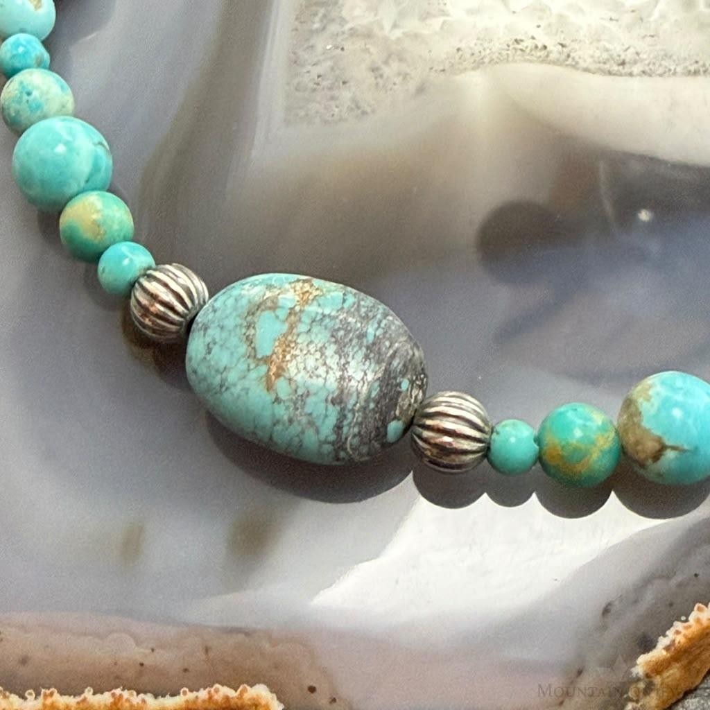 Carolyn Pollack Sterling Silver Round & Oval Turquoise Beads Decorated 20"-22" Necklace For Women