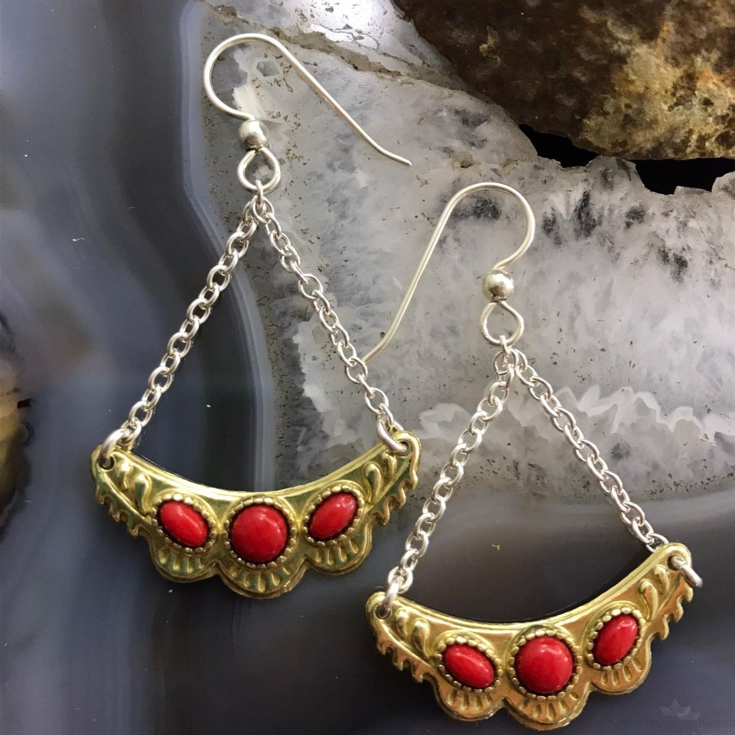 Carolyn Pollack Sterling Silver & Brass 3 Coral Decorated Dangle Earrings For Women