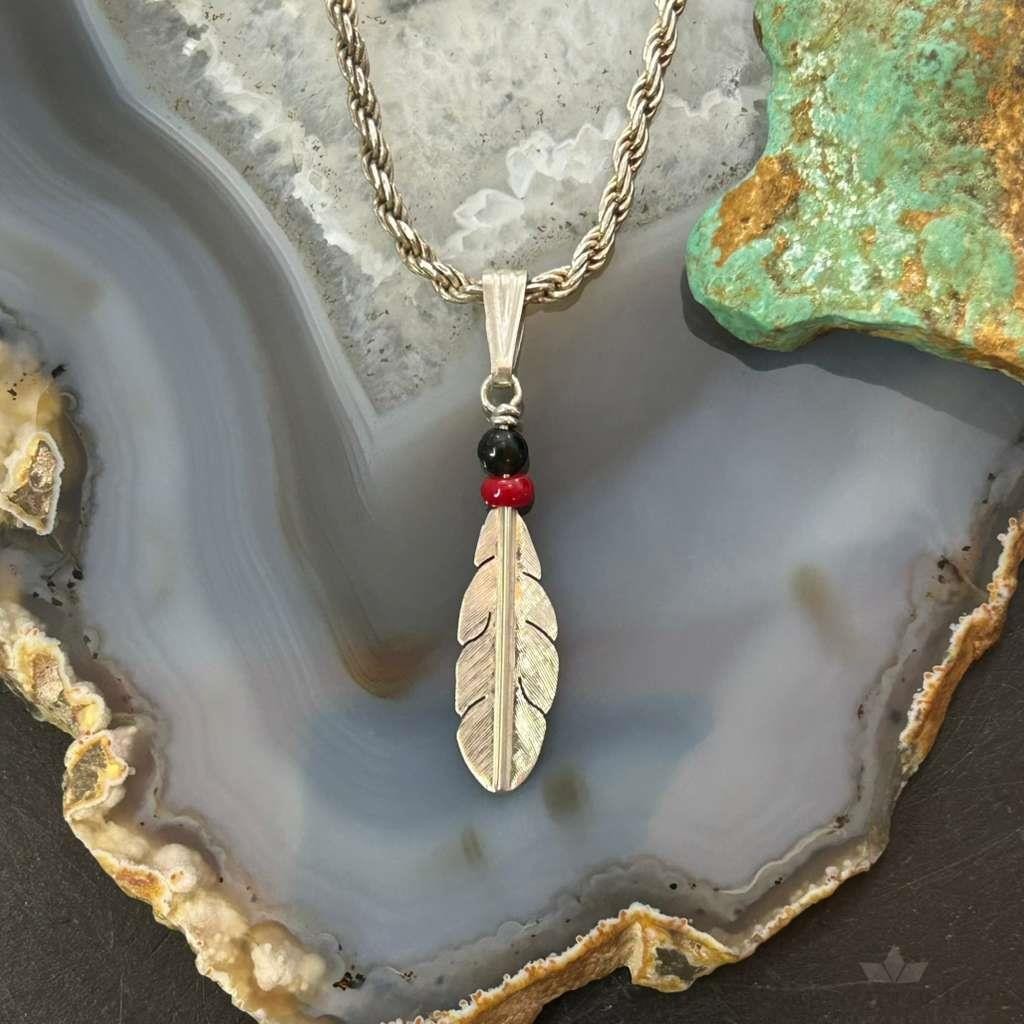 Anthony Gatewood Sterling Silver Onyx & Coral Beads Feather Pendant For Women