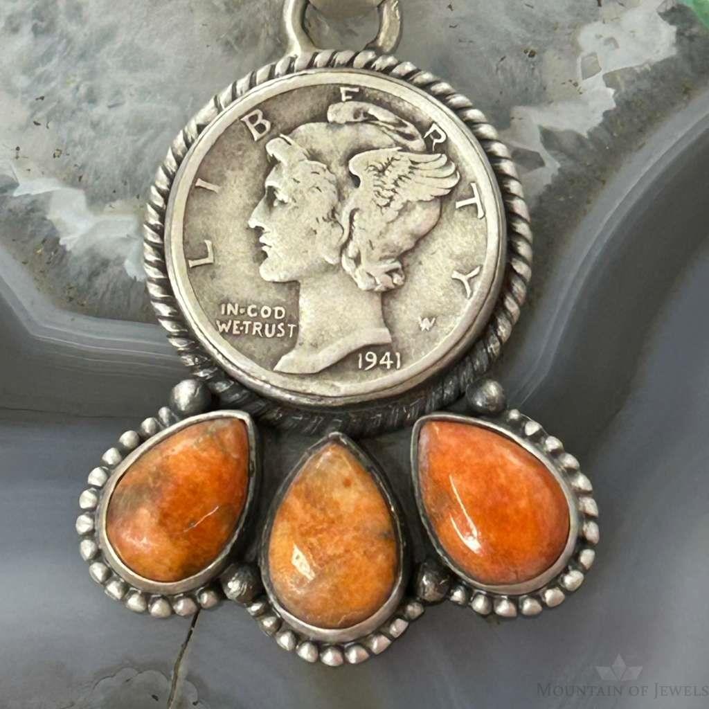 Genuine 1941 90% Silver Mercury Dime Coin w/Teardrop Orange Spiny Oyster Unisex Pendant