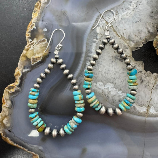 Sterling Silver 4mm Navajo Pearl Southwester Style & 6mm Turquoise Bead Hoop Earrings For Women