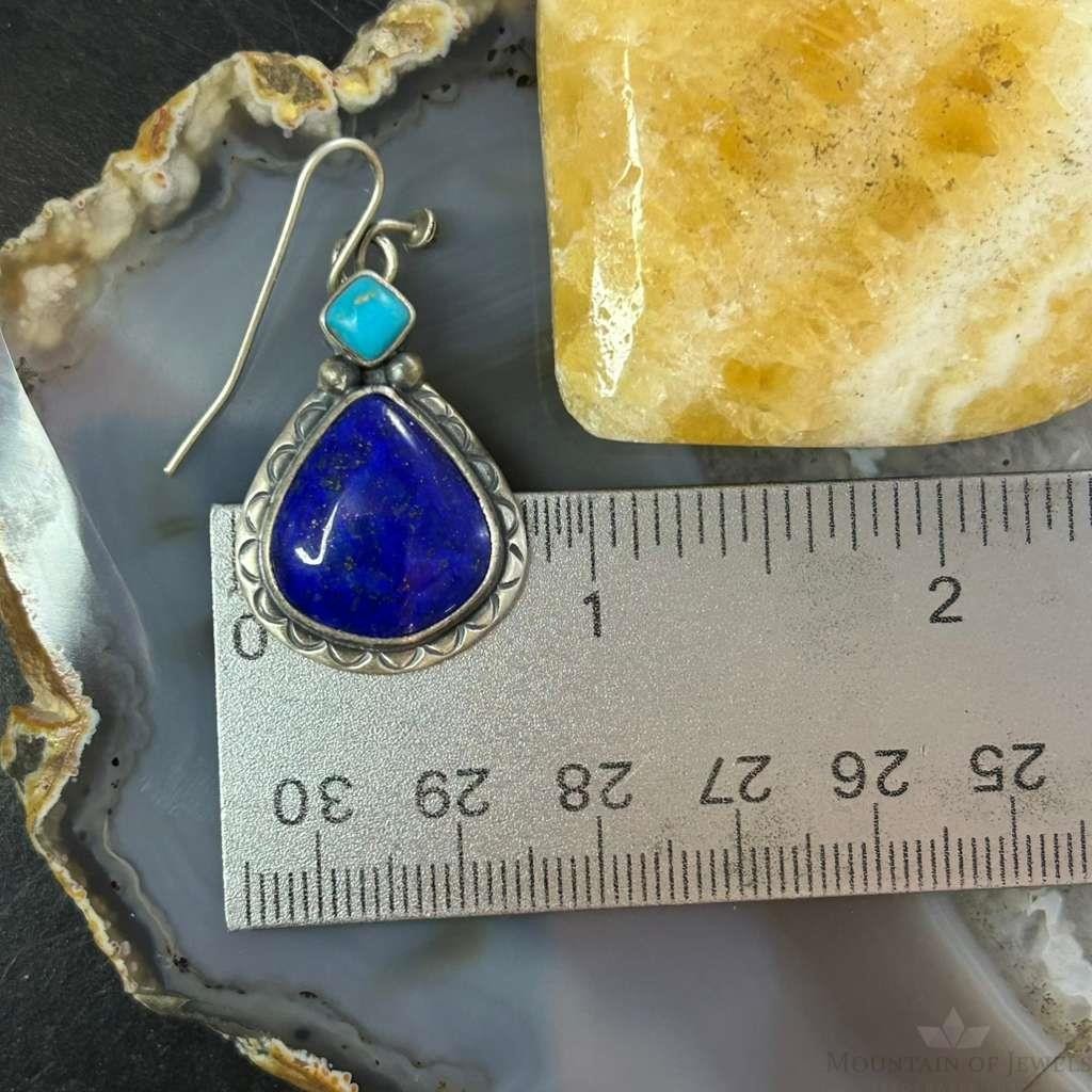 Native American Sterling Silver Teardrop Lapis & Turquoise Dangle Earrings For Women