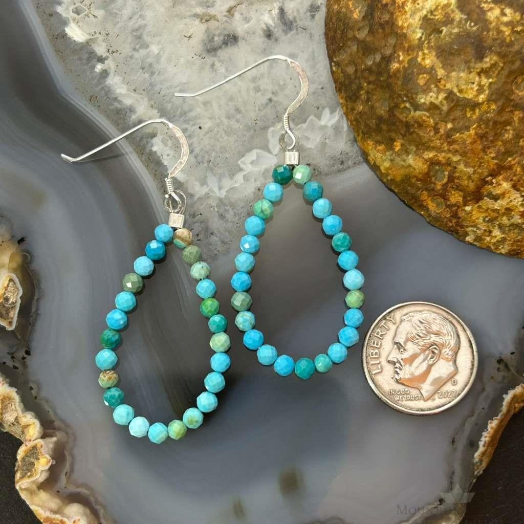 Sterling Silver Faceted Variety of Turquoise Shades Beads Hoop Earrings For Women