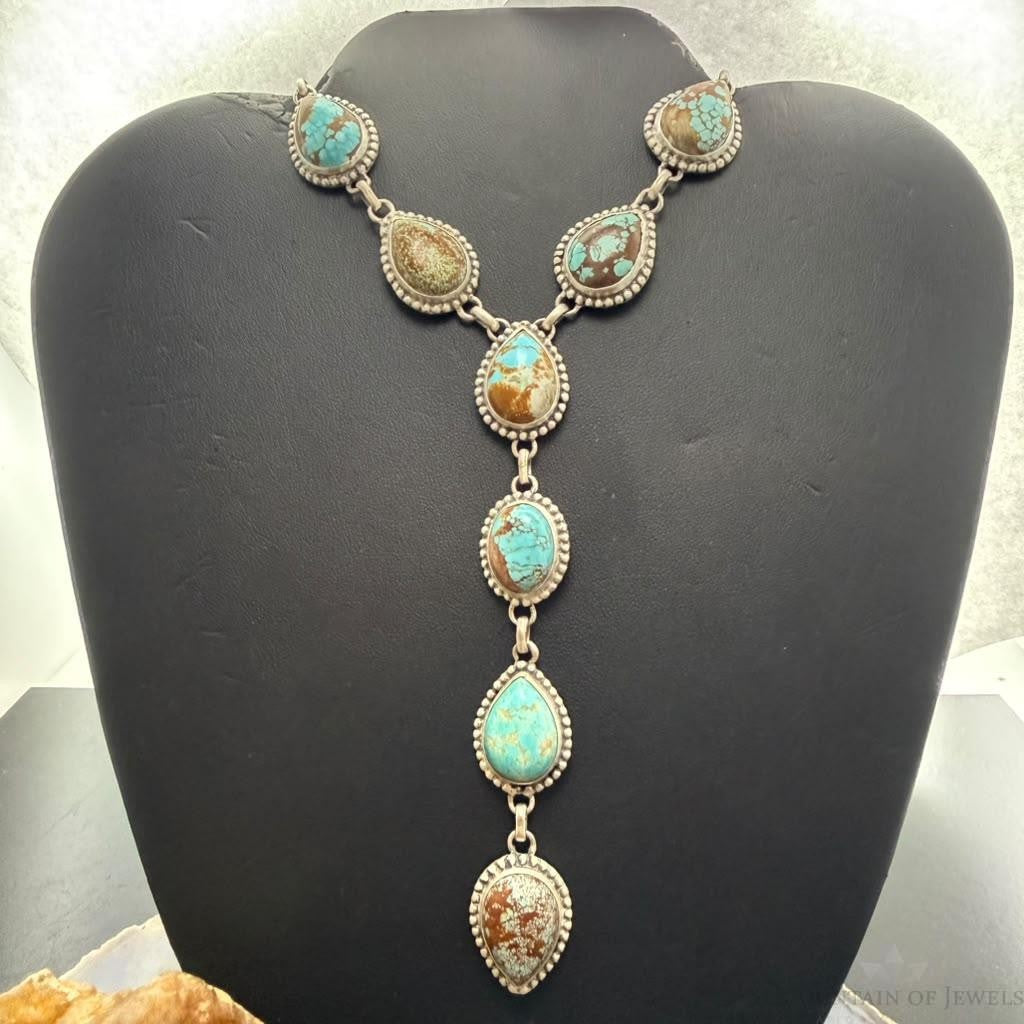 Sterling Silver Southwestern Style Teardrop Turquoise #8 Lariat Necklace For Women