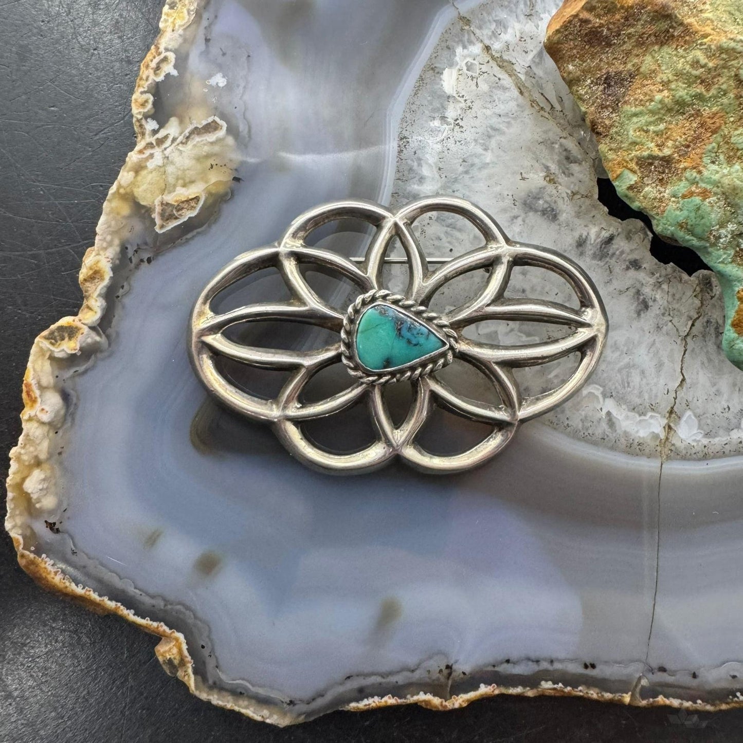 Vintage Nellie Tso Native American Silver Turquoise Sand Cast Brooch For Women