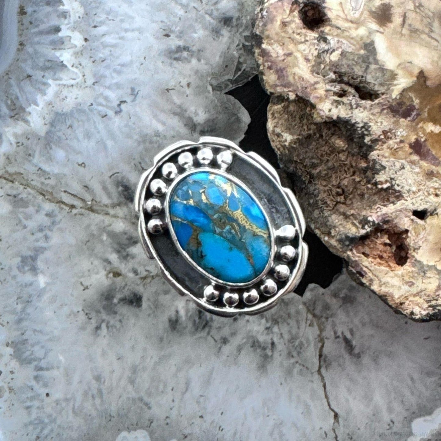Sterling Silver Southwestern Style Oval Copper Turquoise Decorated Ring For Women