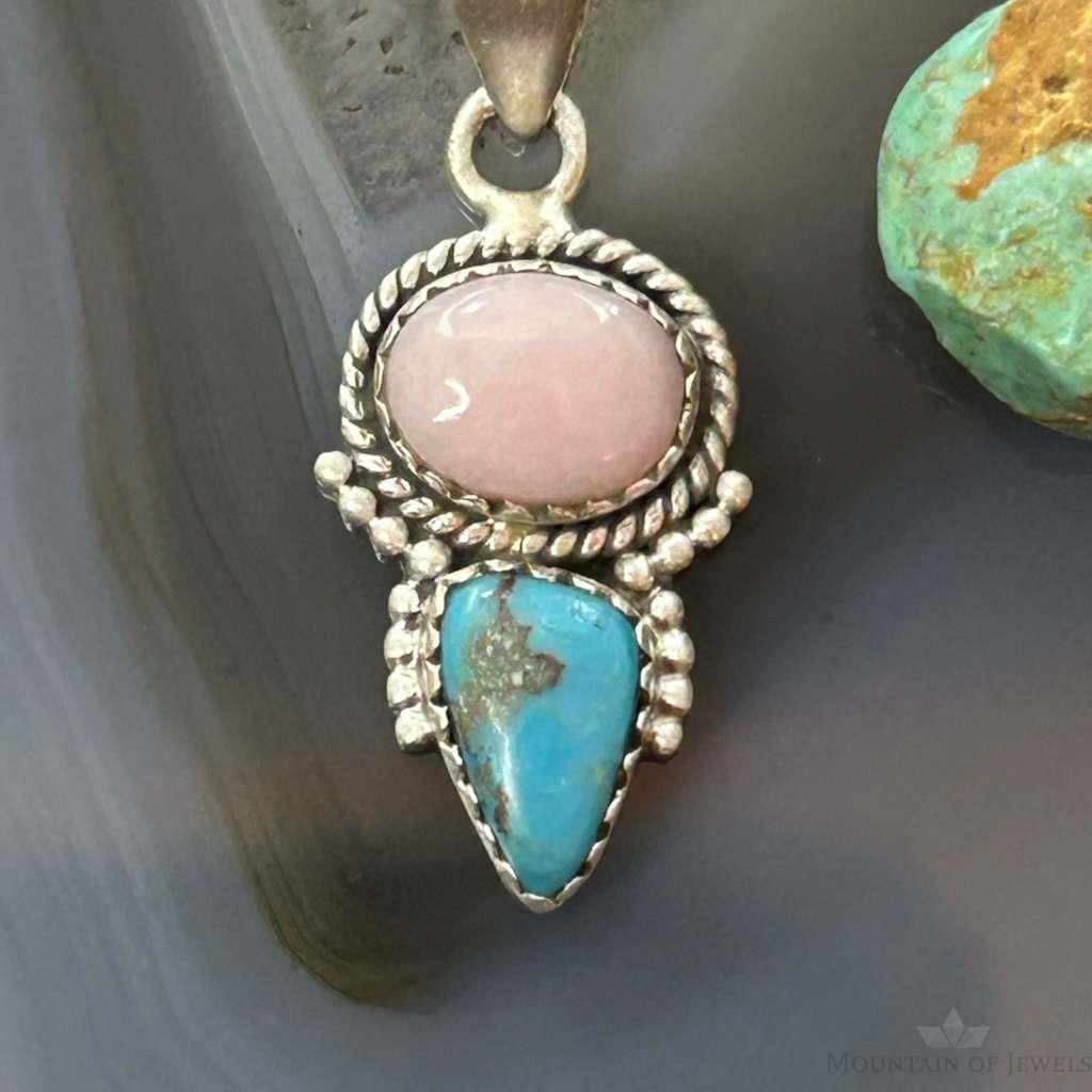 Sterling Silver Southwestern Style Pink Conch & Turquoise Pendant For Women
