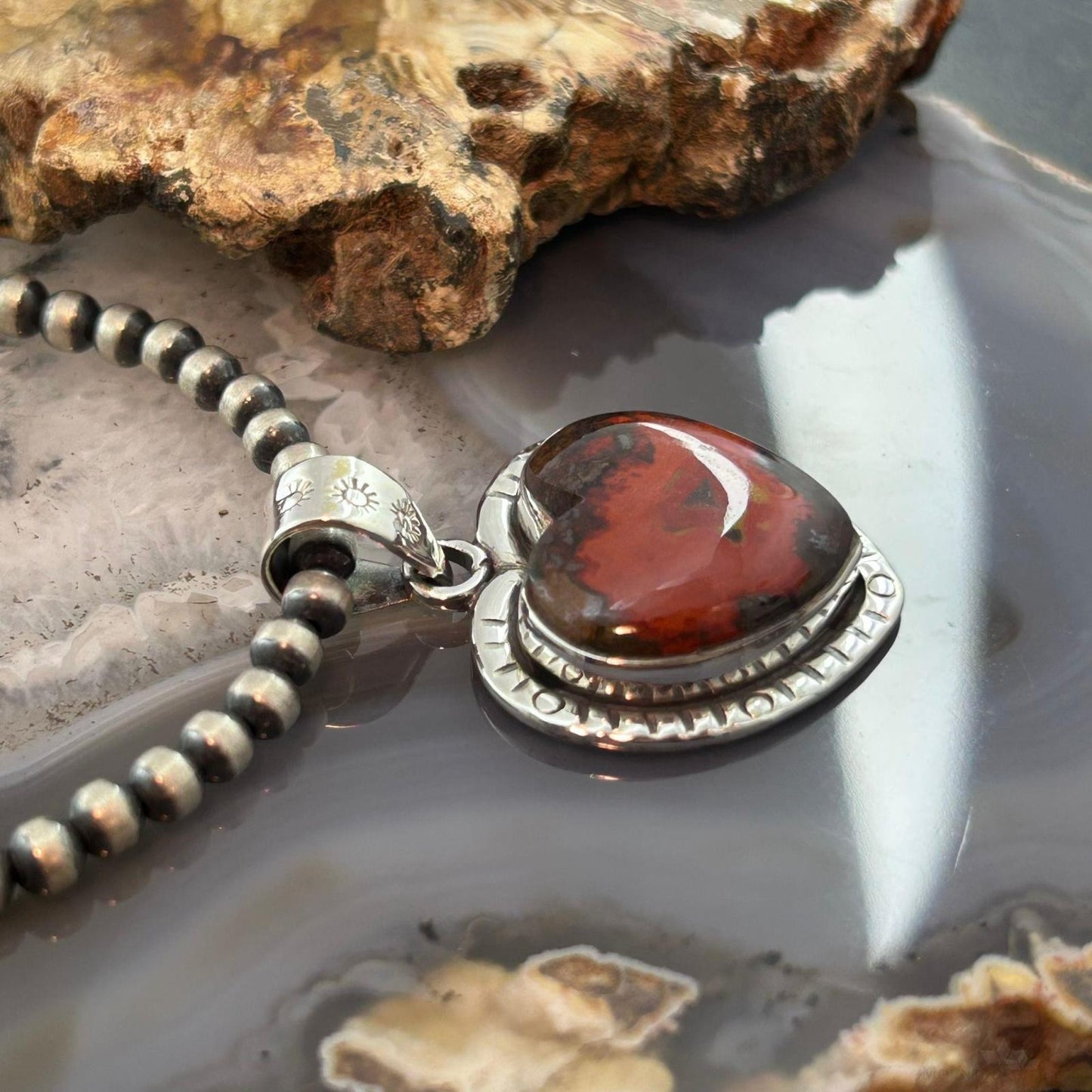 Sterling Silver Southwestern Style Seam Agate Heart Decorated Pendant For Women #1