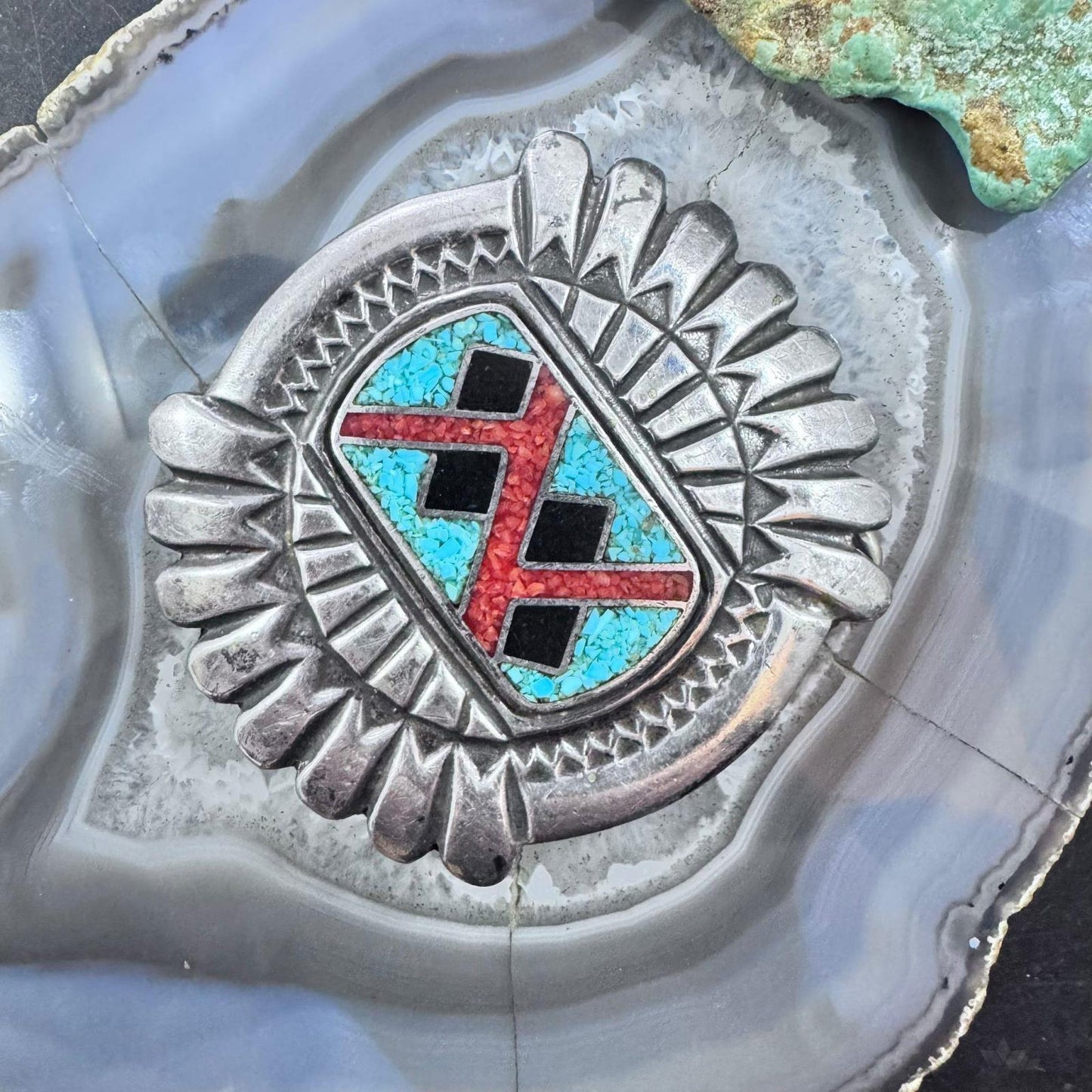 Vintage Native American Sterling Silver Chip Inlay Large Belt Buckle For Men