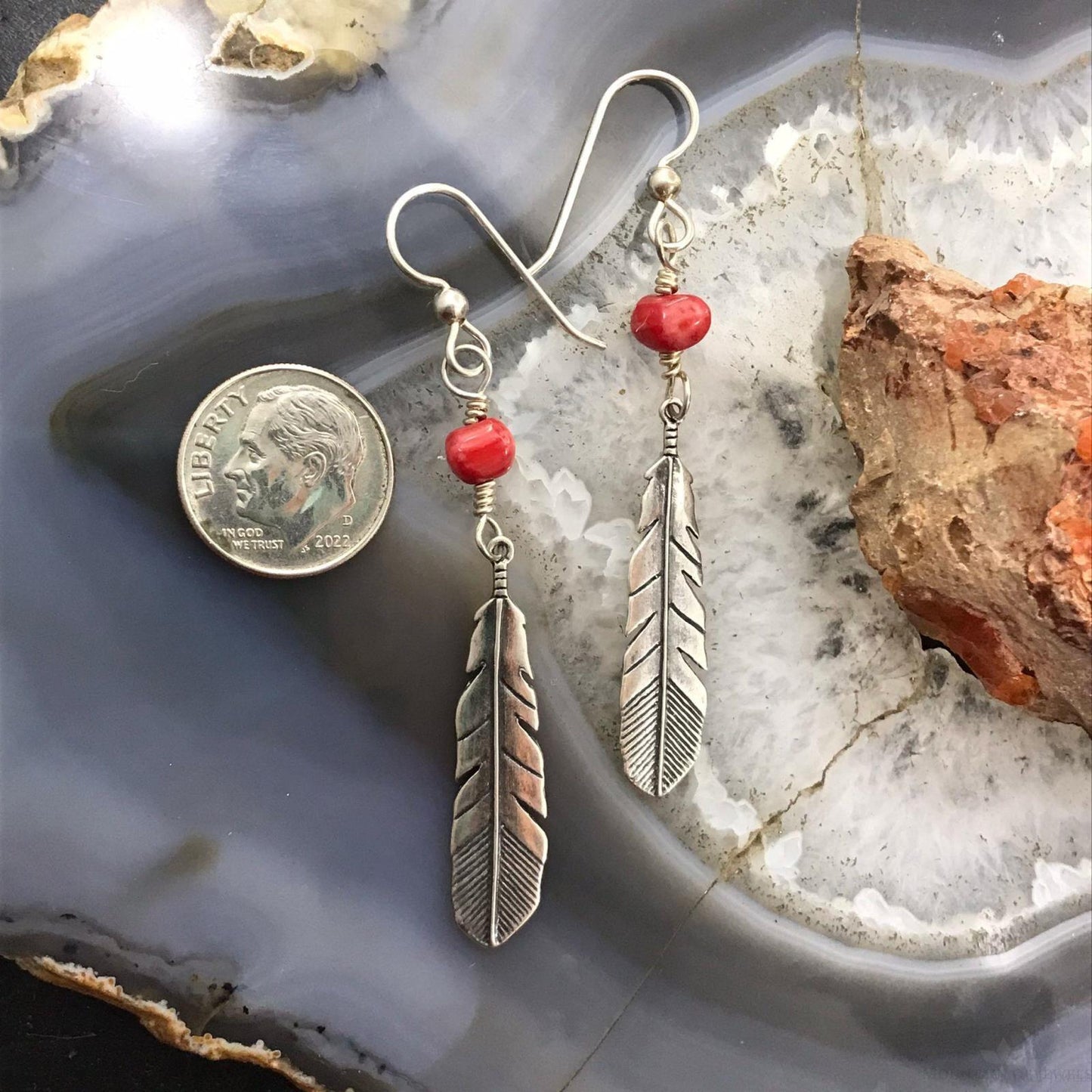 Carolyn Pollack Sterling Silver Coral Bead Feather Dangle Earrings For Women