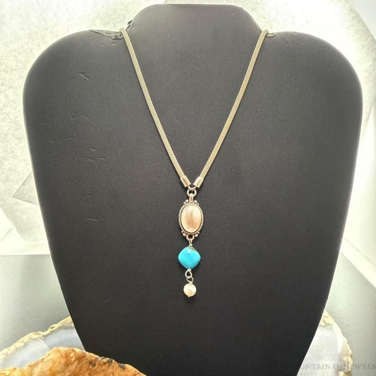 Carolyn Pollack Sterling Silver Moonstone,Turquoise,Pearl 14"-18" Necklace For Women