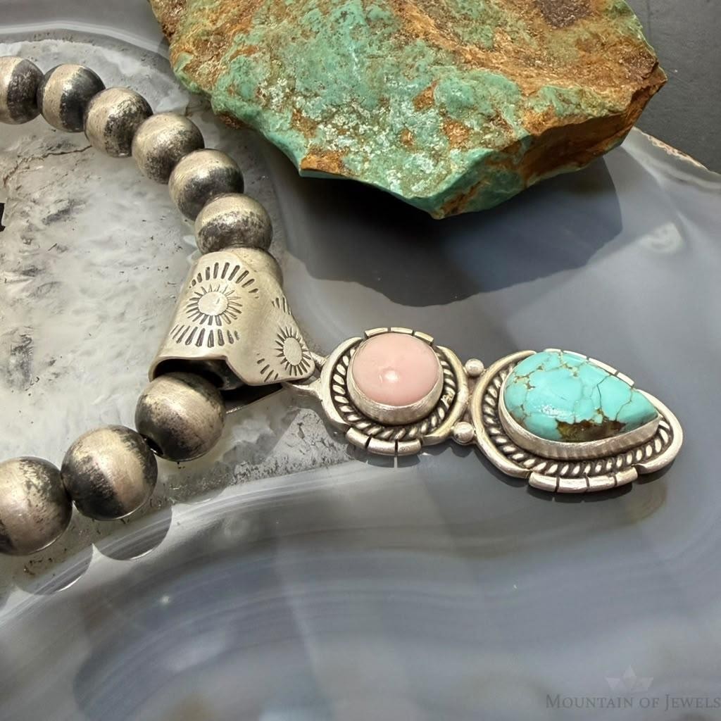 Sterling Silver Southwestern Style Pink Conch & Turquoise Pendant For Women #2