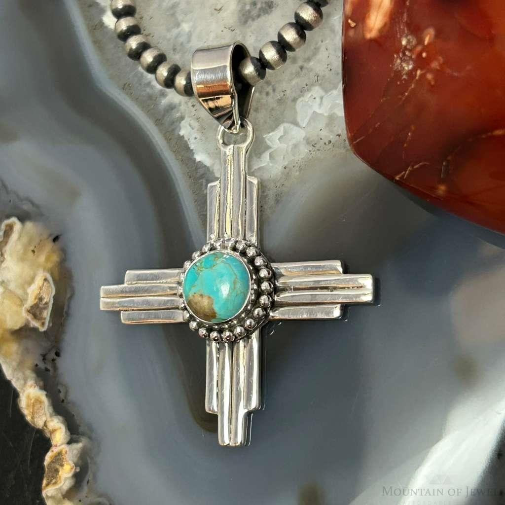 Sterling Silver Southwestern Style Round Mohave Turquoise Unisex Zia Pendant