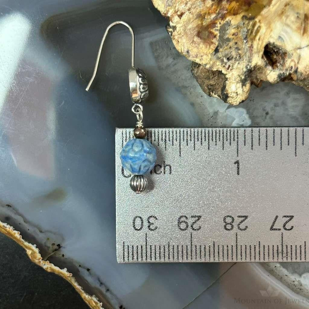 Carolyn Pollack Sterling Silver Carved Denim Lapis Bead Dangle Earrings For Women