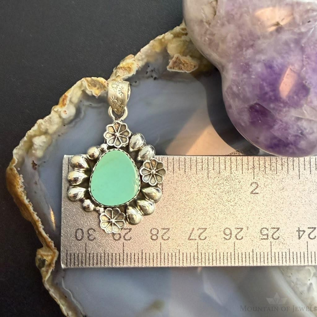 Sterling Silver Southwestern Style Turquoise w/Flower Decorated Pendant For Women #1