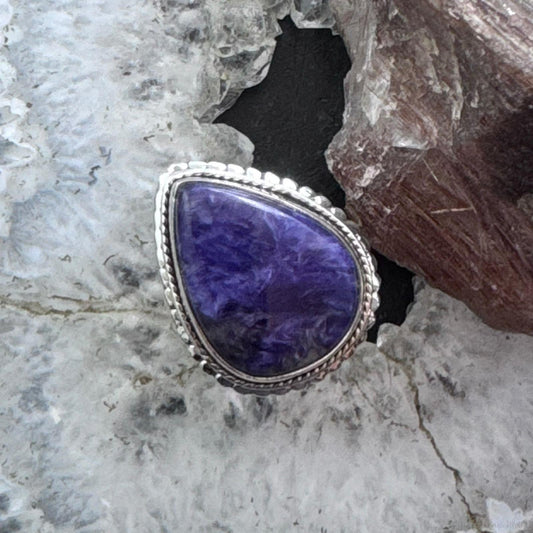 Sterling Silver Southwestern Style Teardrop Charoite Decorated Ring Size 9.5 For Women