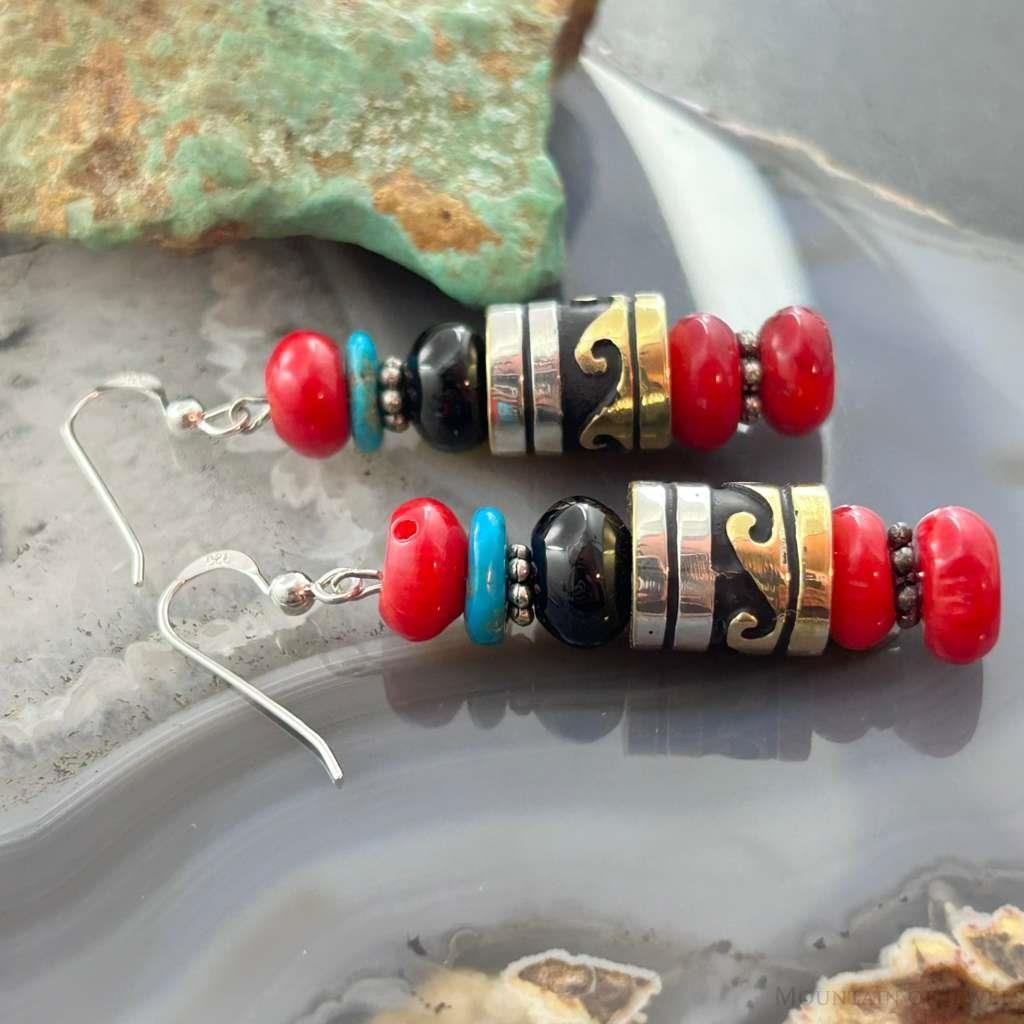 Tommy & Rosita Singer Sterling  Silver Coral, Onyx, Turquoise Bead Dangle Earrings For Women