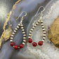Navajo Pearl & Bamboo Coral Bead Graduated 4-6 mm Sterling Hoop Dangle Earrings