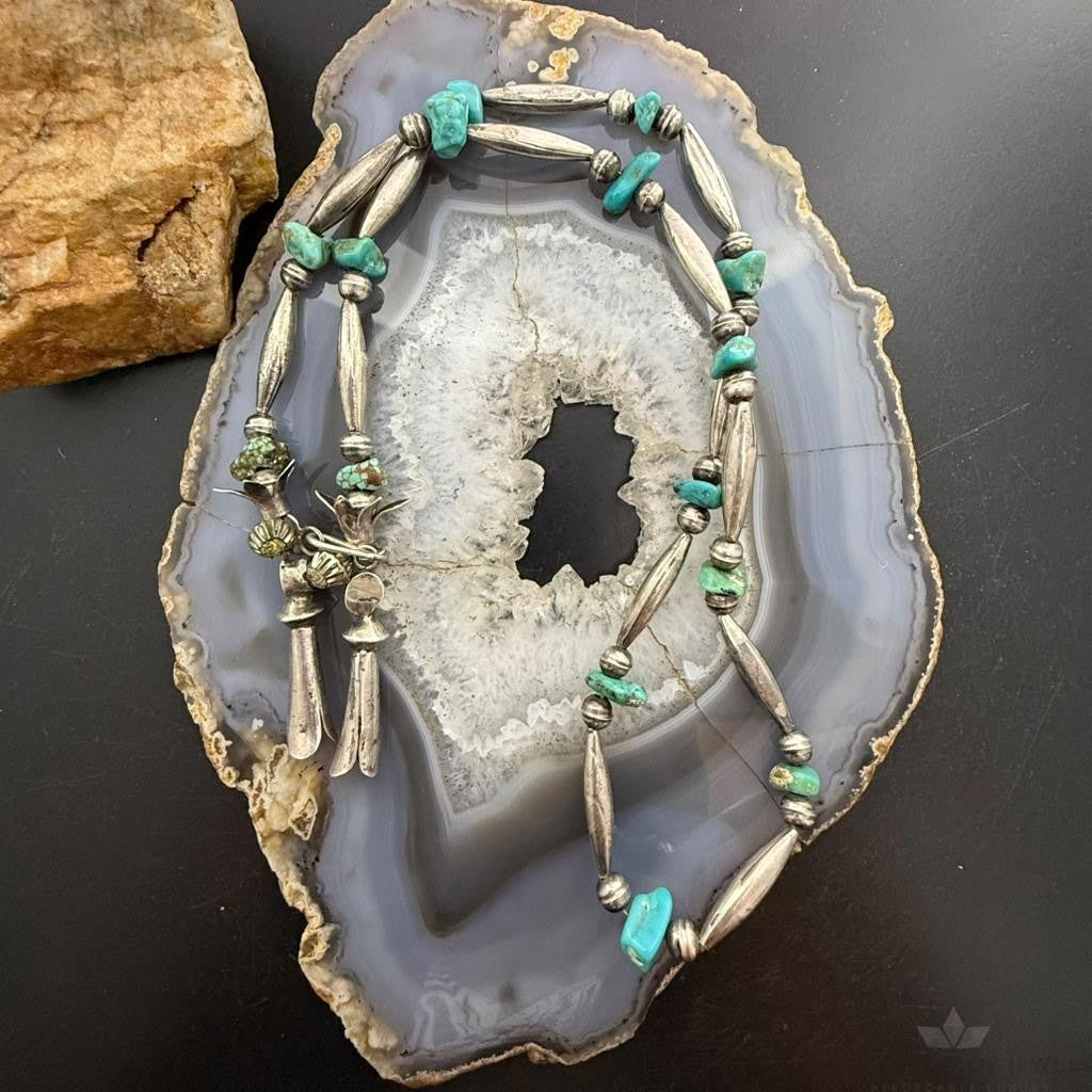 Vintage Native American Silver Navajo Pearl Bead & Turquoise Necklace For Women