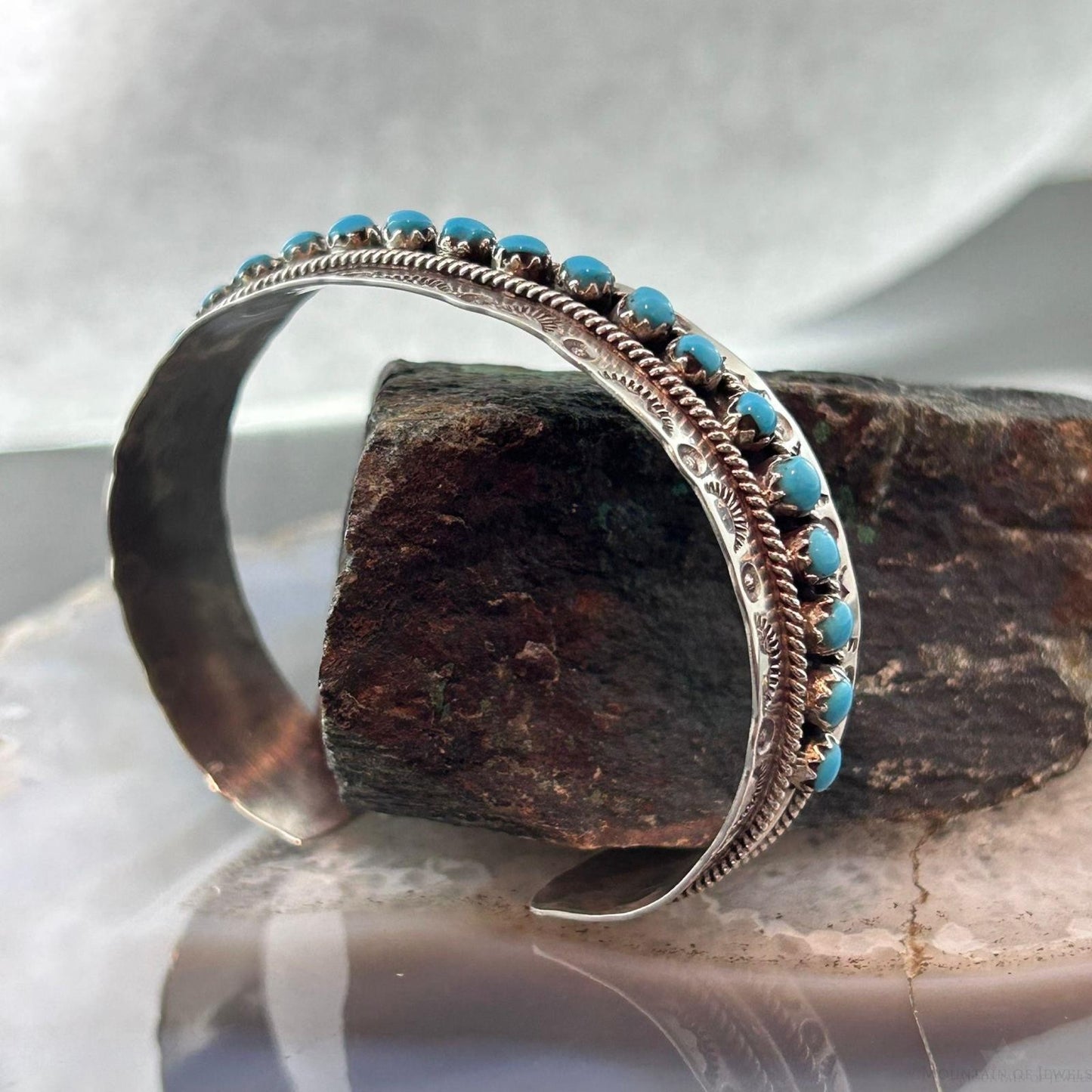 Jason & Pearl Ukestine Native American Sterling Silver Turquoise Single Row Bracelet For Women