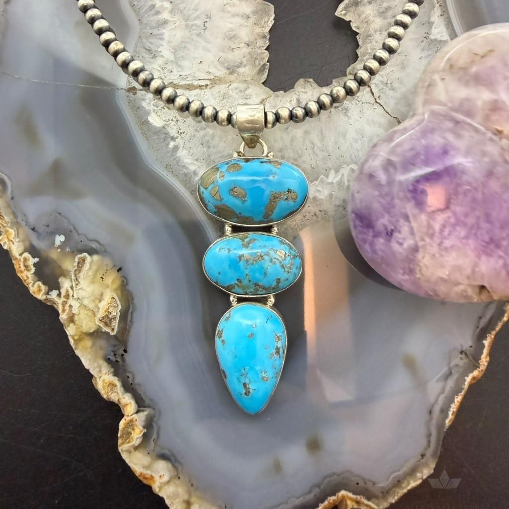 Sterling Silver Southwestern Style 3 Kingman Turquoise Pendant For Women #3