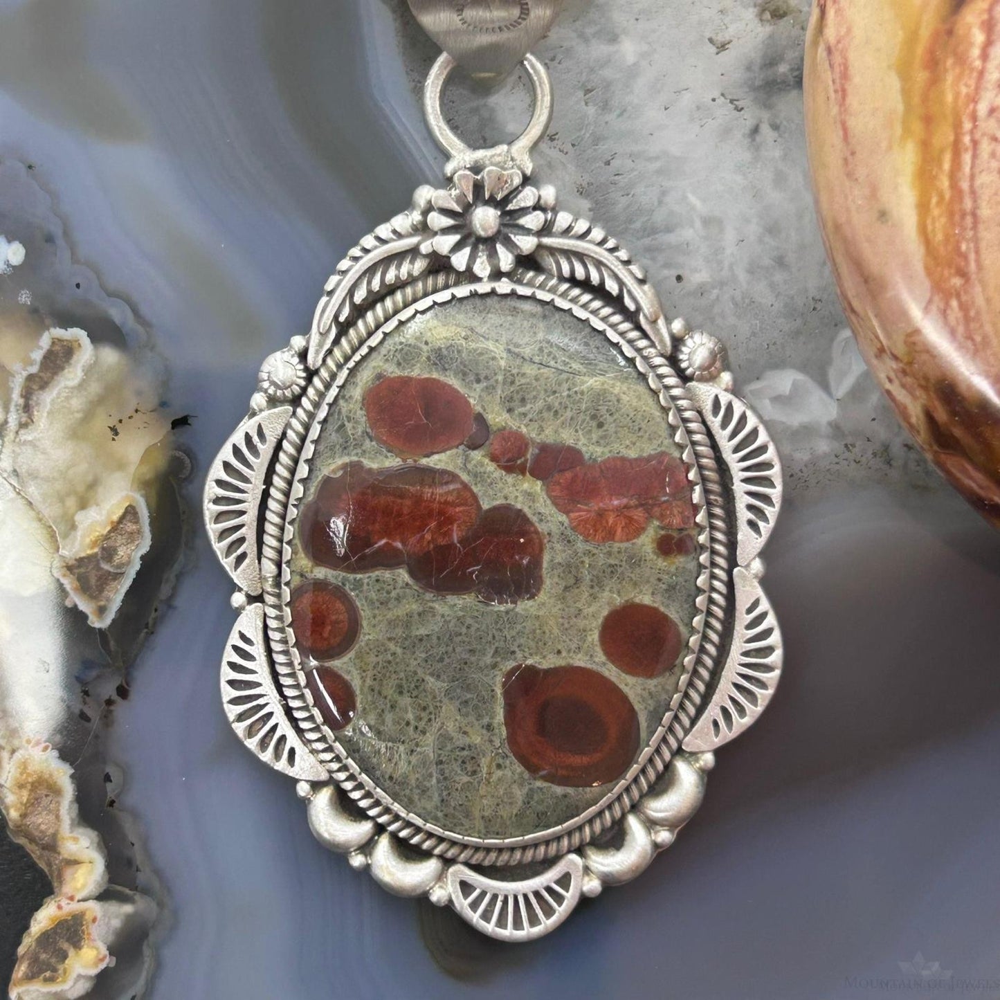 Sterling Silver Southwestern Style Oval Peanut Obsidian Decorated Pendant For Women