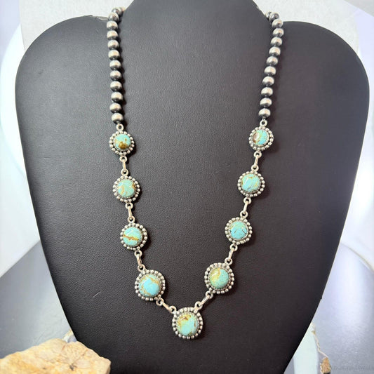 Sterling Southwestern Style Rounded Turquoise & 5mm Navajo Pearl Beads Necklace For Women