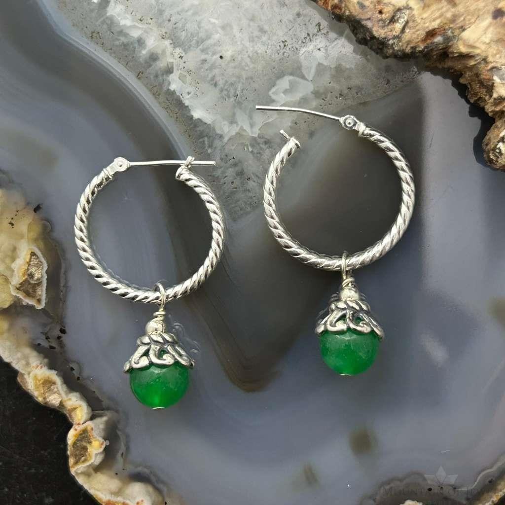 Carolyn Pollack Sterling Silver Twisted Hoop w/Green Jadeite Dangle Earrings For Women