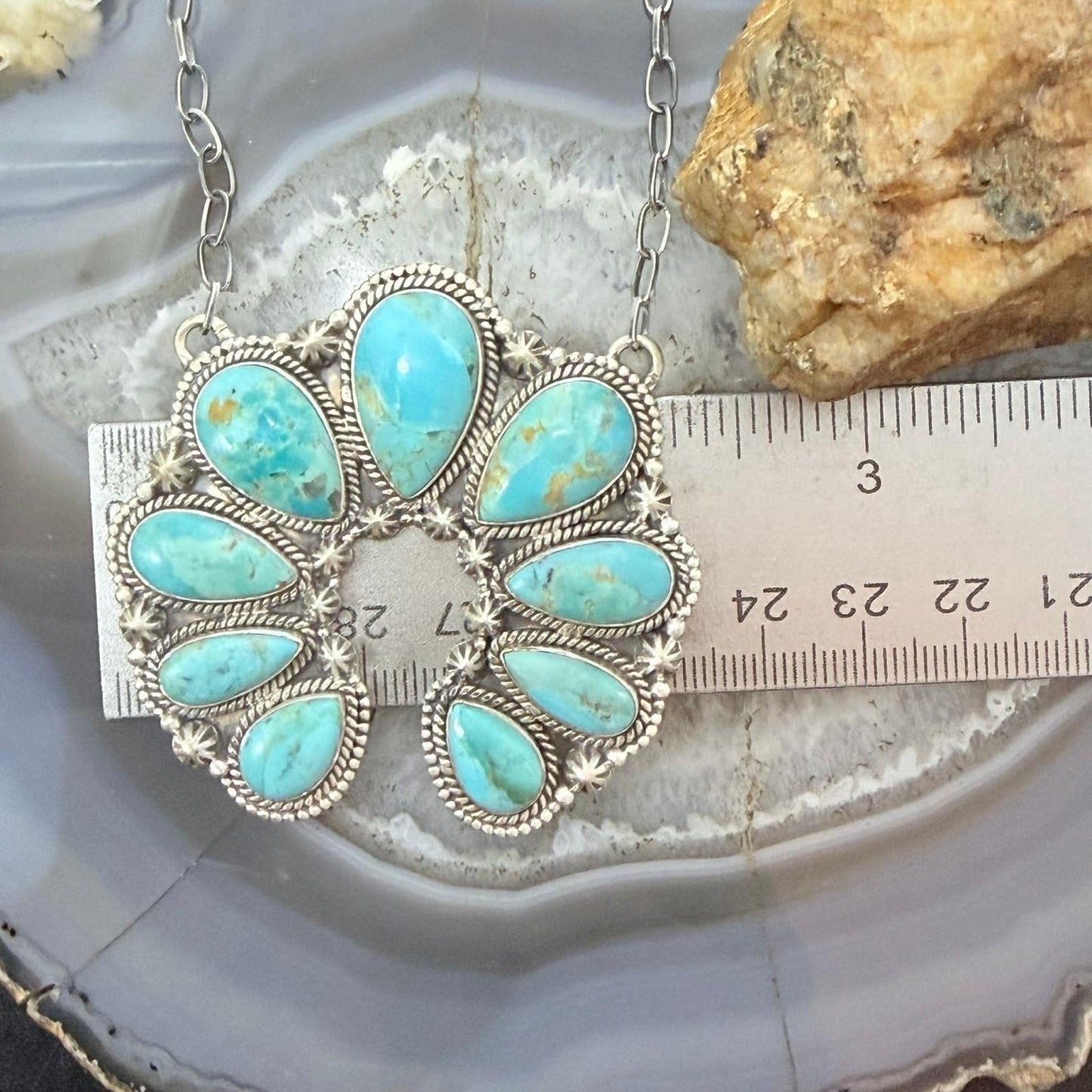 Sterling Silver Southwestern Style Teardrop Graduated Turquoise Naja Necklace For Women