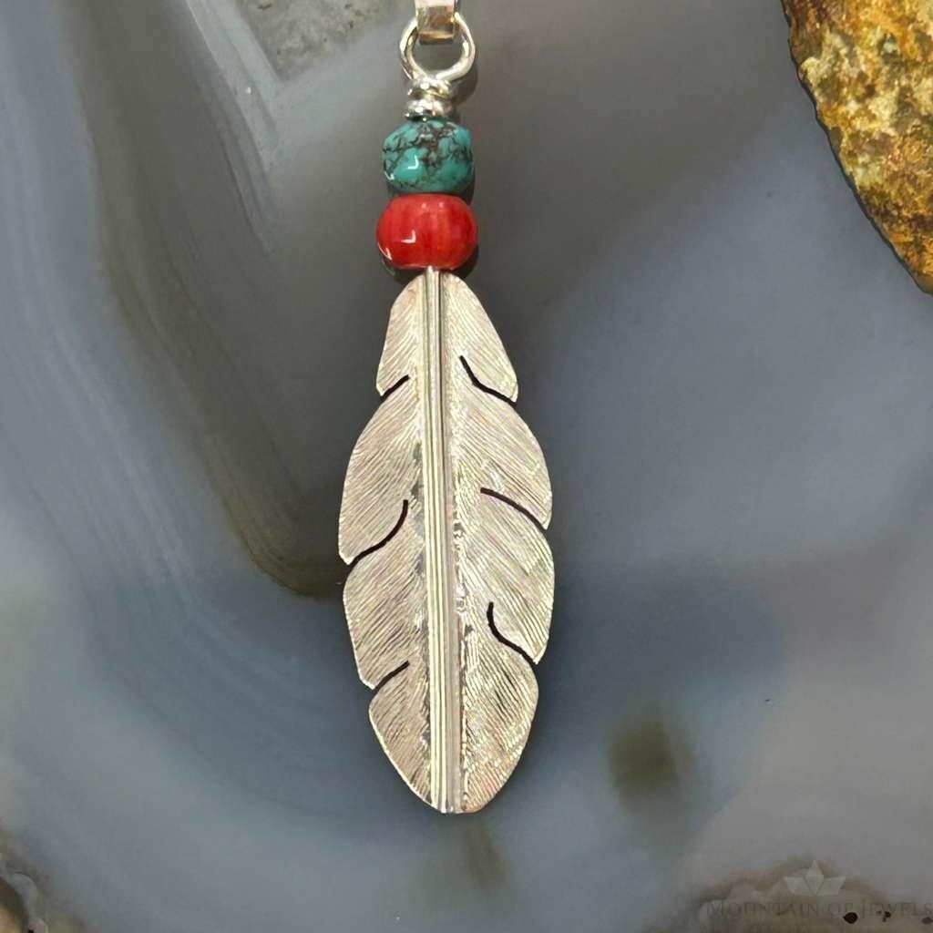 Anthony Gatewood Sterling Silver Turquoise & Coral Beads Feather Pendant For Women