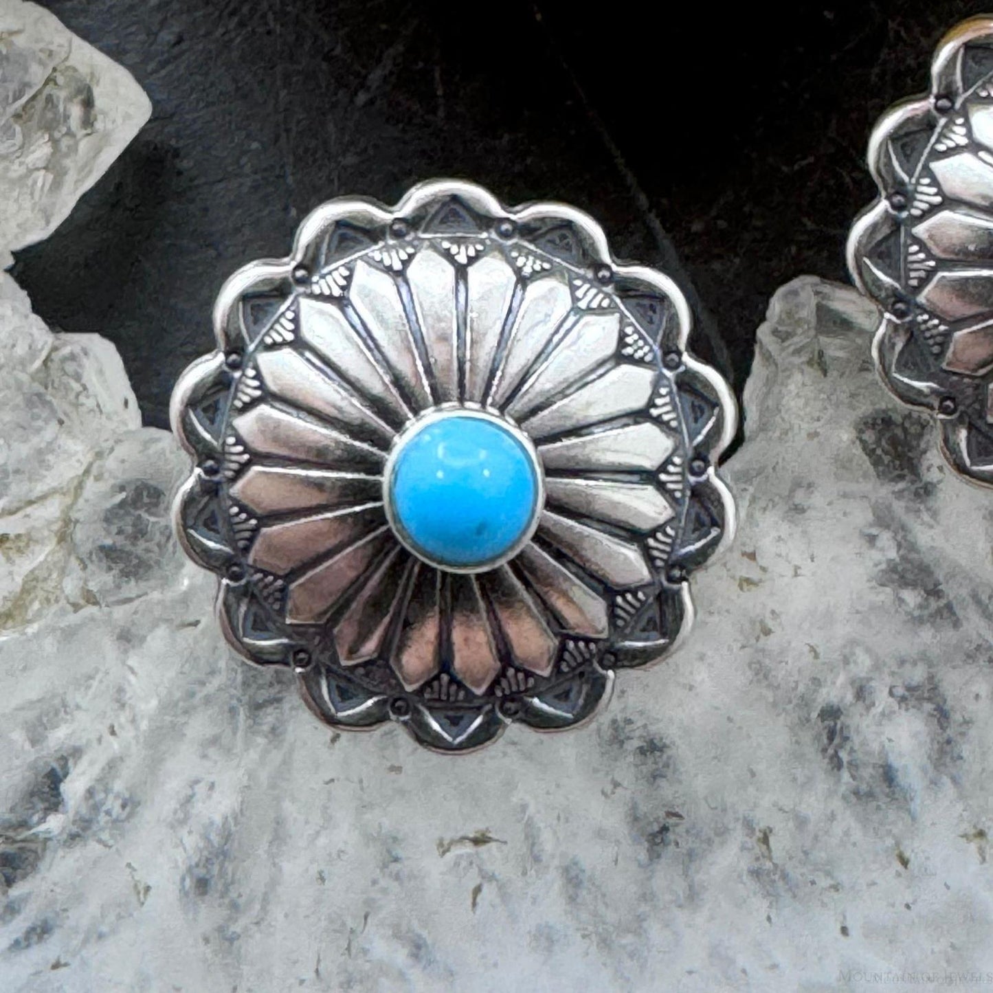 Native American Sterling Silver Repousse Concho with Turquoise Dot Stud Earrings